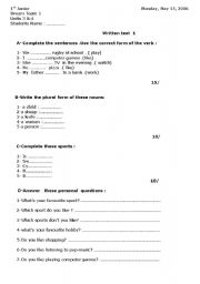 English worksheet: Test review - 1st level 