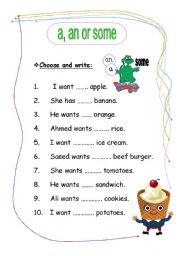 English Worksheet: a, an or some