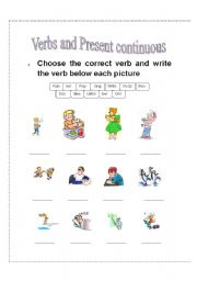 English worksheet: verbs and present continuous