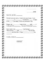 English Worksheet: letter from Goldilocks to apologize herself !