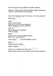 English worksheet: Fill in all the gaps by using suitable conversation sentences