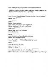 English Worksheet: Fill in all the gaps by using suitable conversation sentences