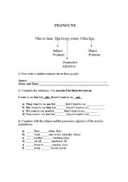 English Worksheet: personal, possessive and object Pronouns 