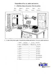 English Worksheet: preposition of in, on, under and next to