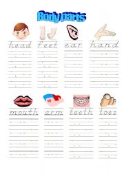 English Worksheet: Body parts hand writing