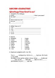 English worksheet: REVIEW EXERCISES - GREETINGS/TIME/FRUIT/A-AN