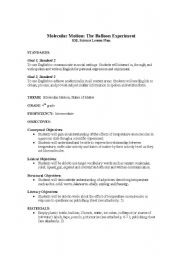 English Worksheet: Molecular Motion Lesson Plan