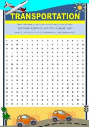 English Worksheet: TRANSPORTATION WORDSEARCH