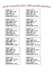 English Worksheet: Cards to practice HIS/HER + WH questions