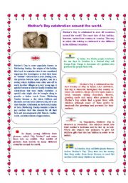 English Worksheet: Mothers day celebration all around the world  1st Part (19.08.08)