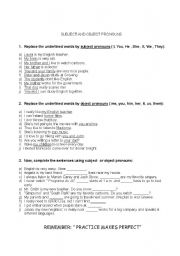 English Worksheet: Subject and Object pronouns