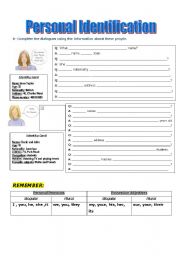 English Worksheet: Personal Identification -part one