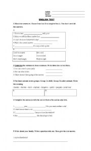 English worksheet: test  for present simple using to be, can