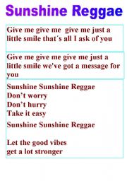 English worksheet: SONG - The ultimate summer song SUNSHINE REGGAE ( video + jigsaw exercises on page 2) plain complete version