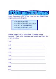 English worksheet: Reading Three Digit Numbers