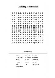 English worksheet: Clothing Wordsearch