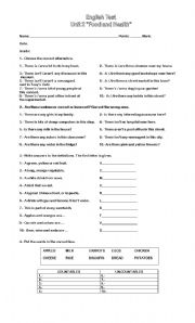 English Worksheet: test Food and health