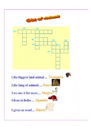 English worksheet: cries of animals  & animals and their young ones crossword