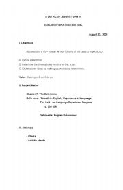 English worksheet: A Detailed Lesson Plan on the Determiner-Articles the,an and a