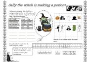English Worksheet: Sally the witch makes a potion (Halloween) For very young learners