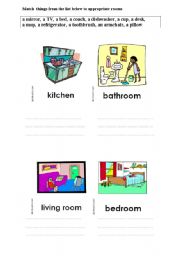 English worksheet: Match things to appropriate rooms