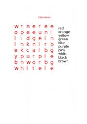English Worksheet: Color Words Word Search
