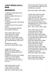 English worksheet: Aerosmith - I dont wanna miss a thing. For speakers of portguese