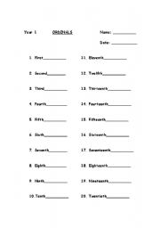 English worksheet: Ordinals 1 - 20 