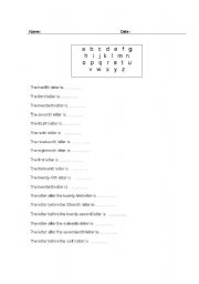 English worksheet: teaching ordinal numbers using the order of alphabets