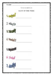 English Worksheet: Unscramble Days of the Week