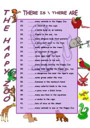 English Worksheet: THERE ARE THERE IS - The Happy Zoo