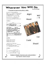English Worksheet: SONG: WHEREVER YOU WILL GO - MODALS PRACTICE