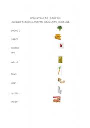 English Worksheet: Unscramble the Food Item and Match Picture with correct word