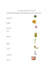 English worksheet: Unscramble the Food Item and Match Picture with correct word