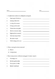 English worksheet: Sentence fragments: subject or verb missing