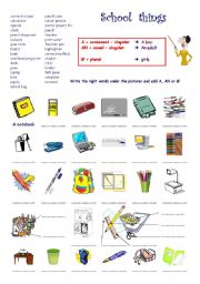 English Worksheet: School things  +  A / AN / no article