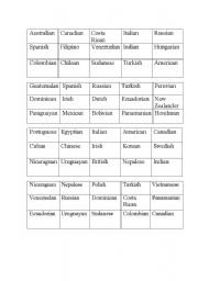 English worksheet: Nationality bingo