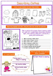 English Worksheet: Describing Clothes (4 skills) for kids (My first try)