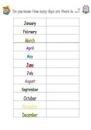 English worksheet: HOW MANY DAYS ARE THERE IN THE MONTH