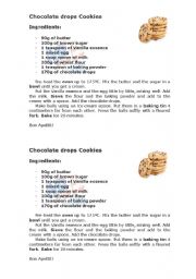English Worksheet: Choc Drops Cookies Recipe!