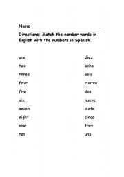 English Worksheet: Number Words Match 1-10 (English-Spanish)