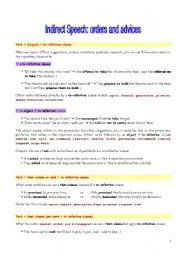 English Worksheet: Indirect Speech-orders and advices