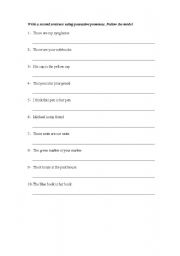 English Worksheet: Write a second sentence using possessive pronouns