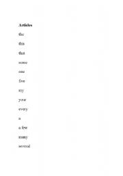 English worksheet: List of nouns, verbs, pronouns, articles, prepositions, and verbs to be