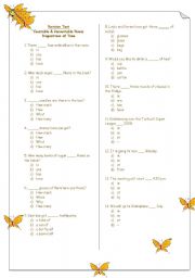 English Worksheet: Countable - Uncountable Nouns, Prepositions of Time (Revision Test)