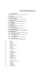 English worksheet: Post office word scramble and relative phrase practice