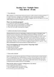 English Worksheet: Reading multiple choice test 30  items (10 pages)