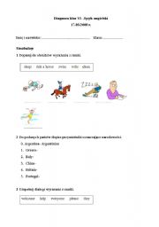 English worksheet: diagnostic test; 6th grade primary