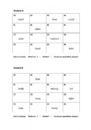 English worksheet: Pronunciation pair work for r/l