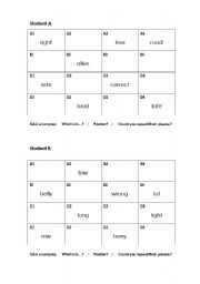 English Worksheet: Pronunciation pair work for r/l